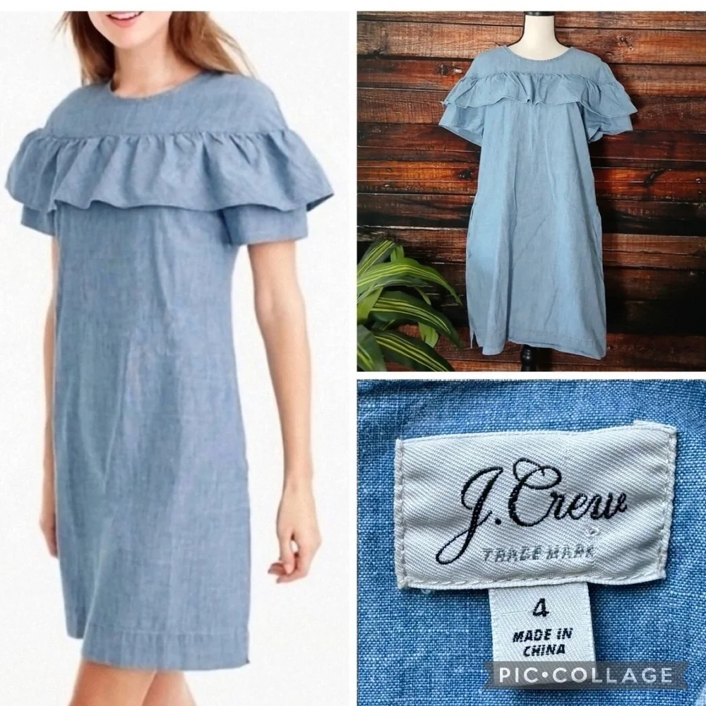 J.Crew Edie Chambray Ruffle Shift Cotton Yoke Dress –With Pockets -‎  Size 4